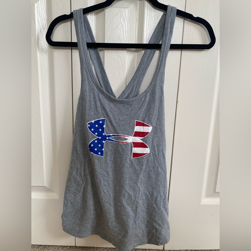 Under Armour Freedom Big Flag Logo Gray Tank Top with Racerback Design